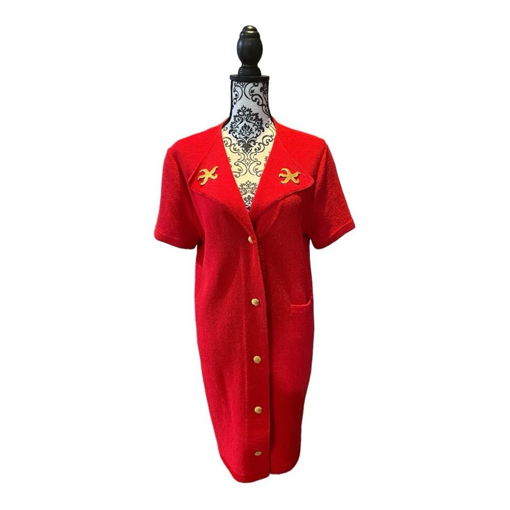 Steve Fabrikant I.Magnin Vintage Button Up Knit Seashell Accent Dress red gold L